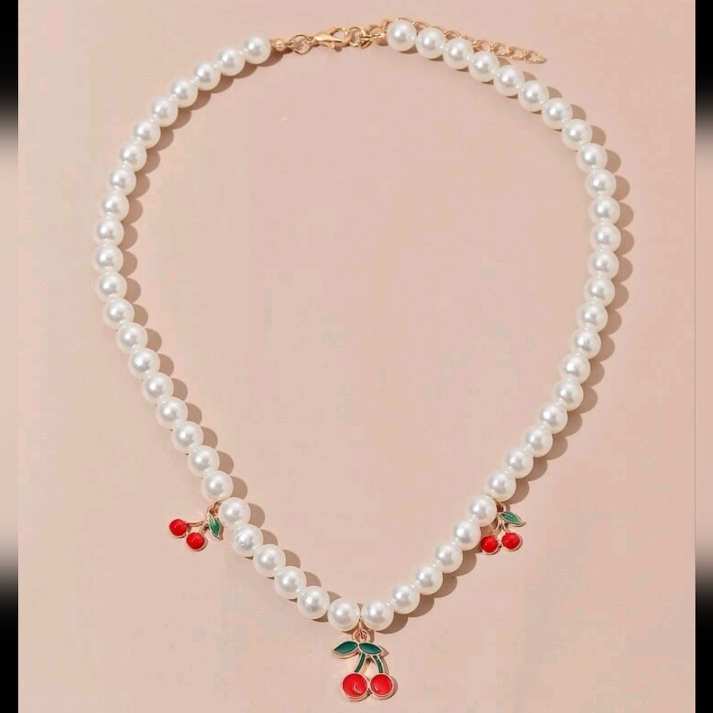 Cherry Charm Faux Pearl Necklace